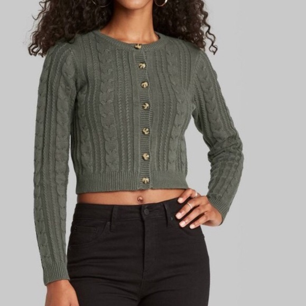 Wild Fable Cypress Green Crop Button Front Sweater